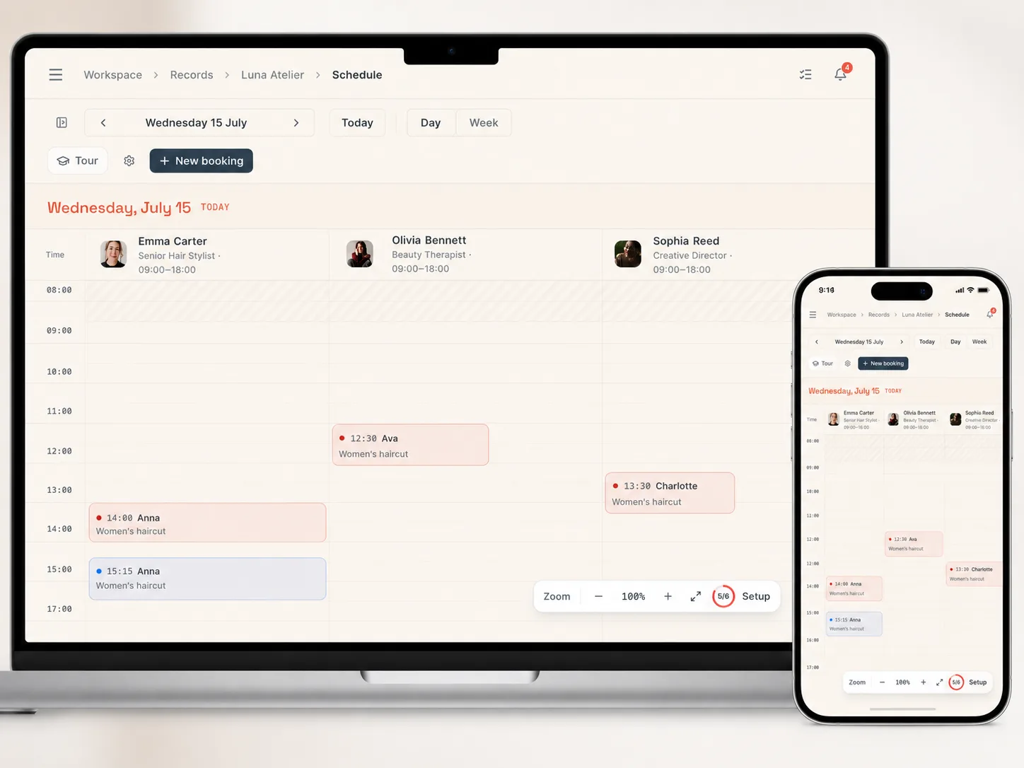 Календарът на Mountify — дневният график на салон с няколко специалисти, на десктоп и мобилен