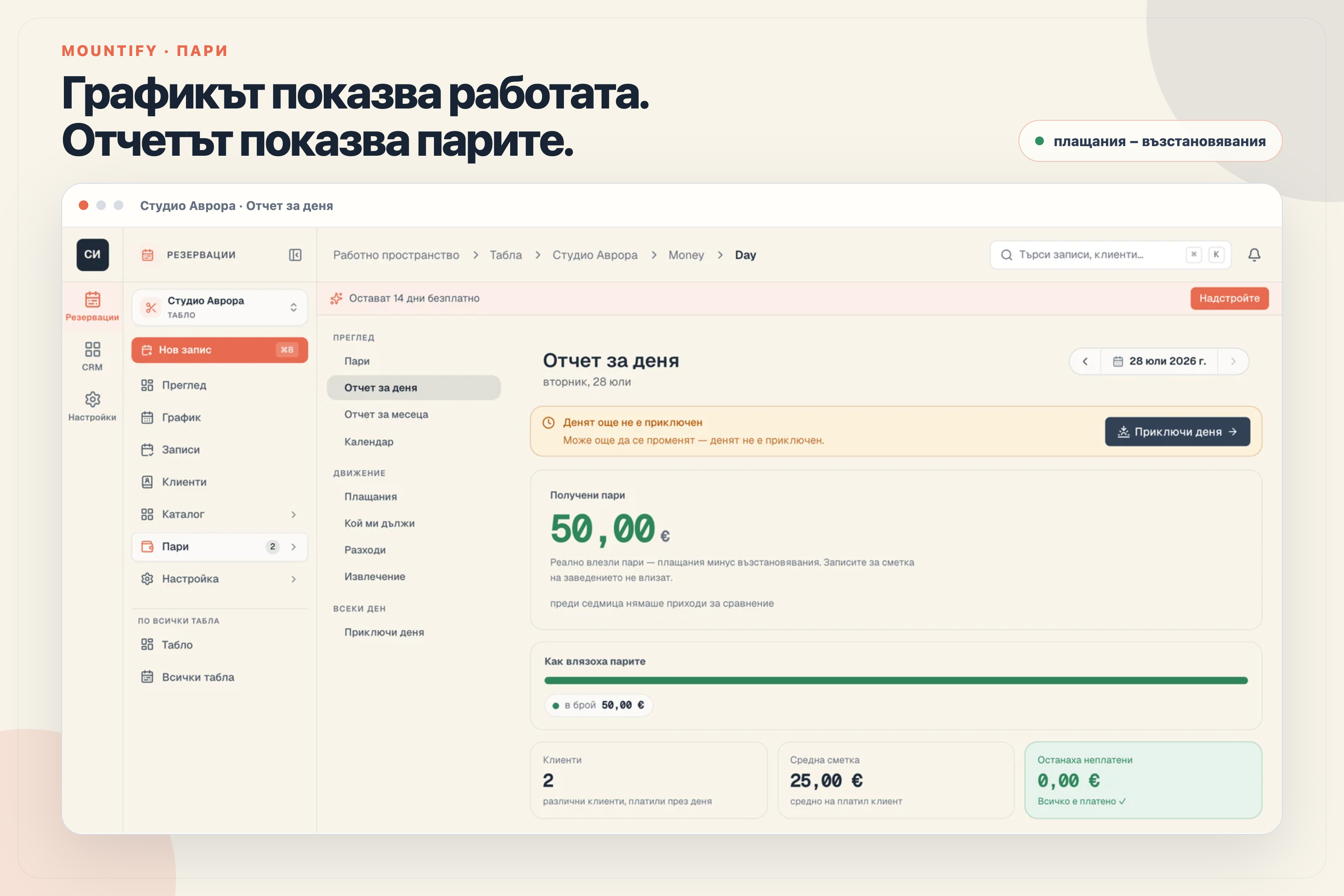 Реалният екран Отчет за деня в Mountify с получени пари, начин на плащане, клиенти и неплатени суми