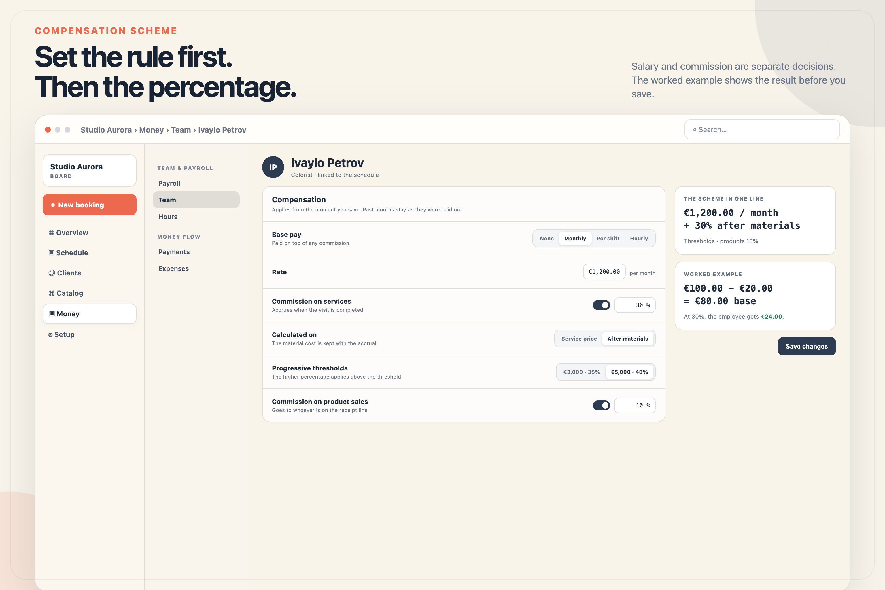 The Mountify compensation scheme screen with monthly salary, per-shift pay, hourly pay, and commission-only options