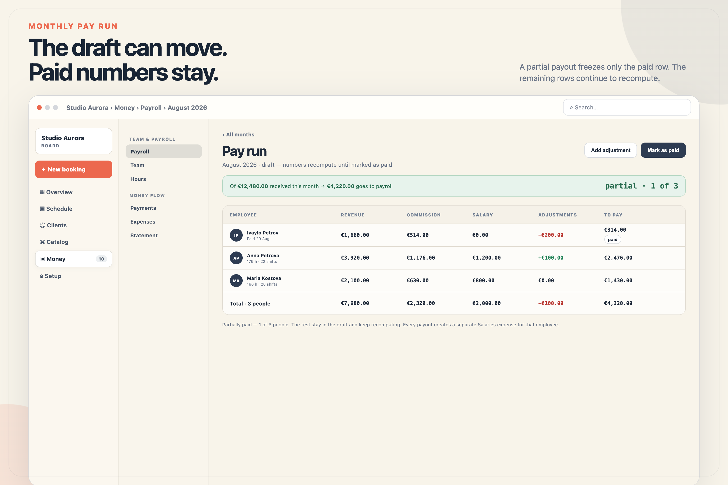 The Mountify monthly pay run with revenue, accrued pay, an advance, amount to pay, and a paid-row snapshot