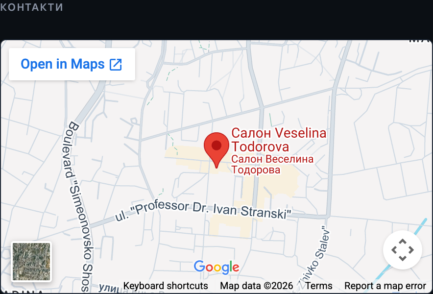 Същата секция, но с вградена карта от Google — с име на обекта, снимка и оценка