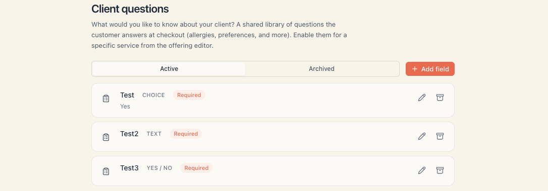 The «Client questions» page: the Active / Archived tabs and the rows with their types