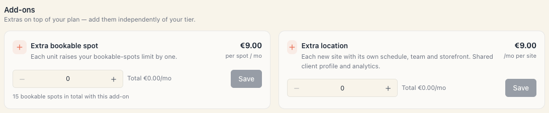 Четирите карти с добавки: място за записване, групови занятия, CRM+, допълнителна локация
