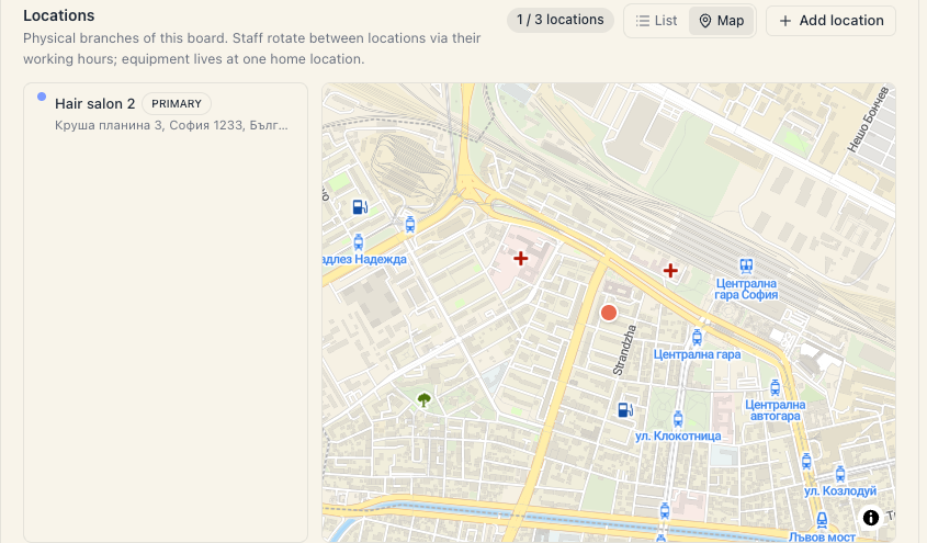 The Locations page: branch cards on the left, the pin map on the right