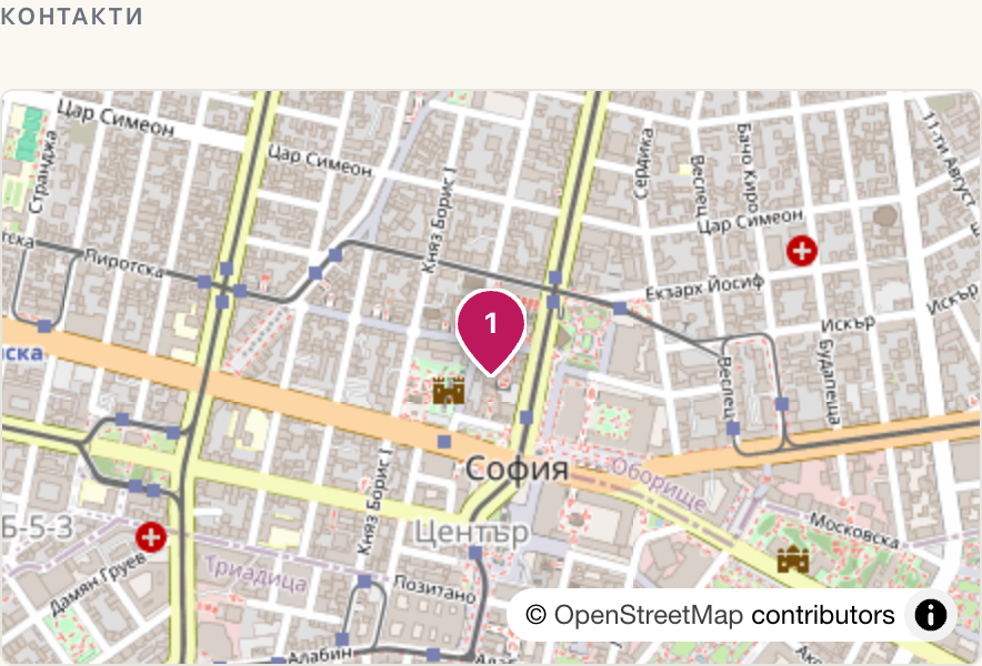 The "Contact" section of the "About" page with our map and its numbered pins