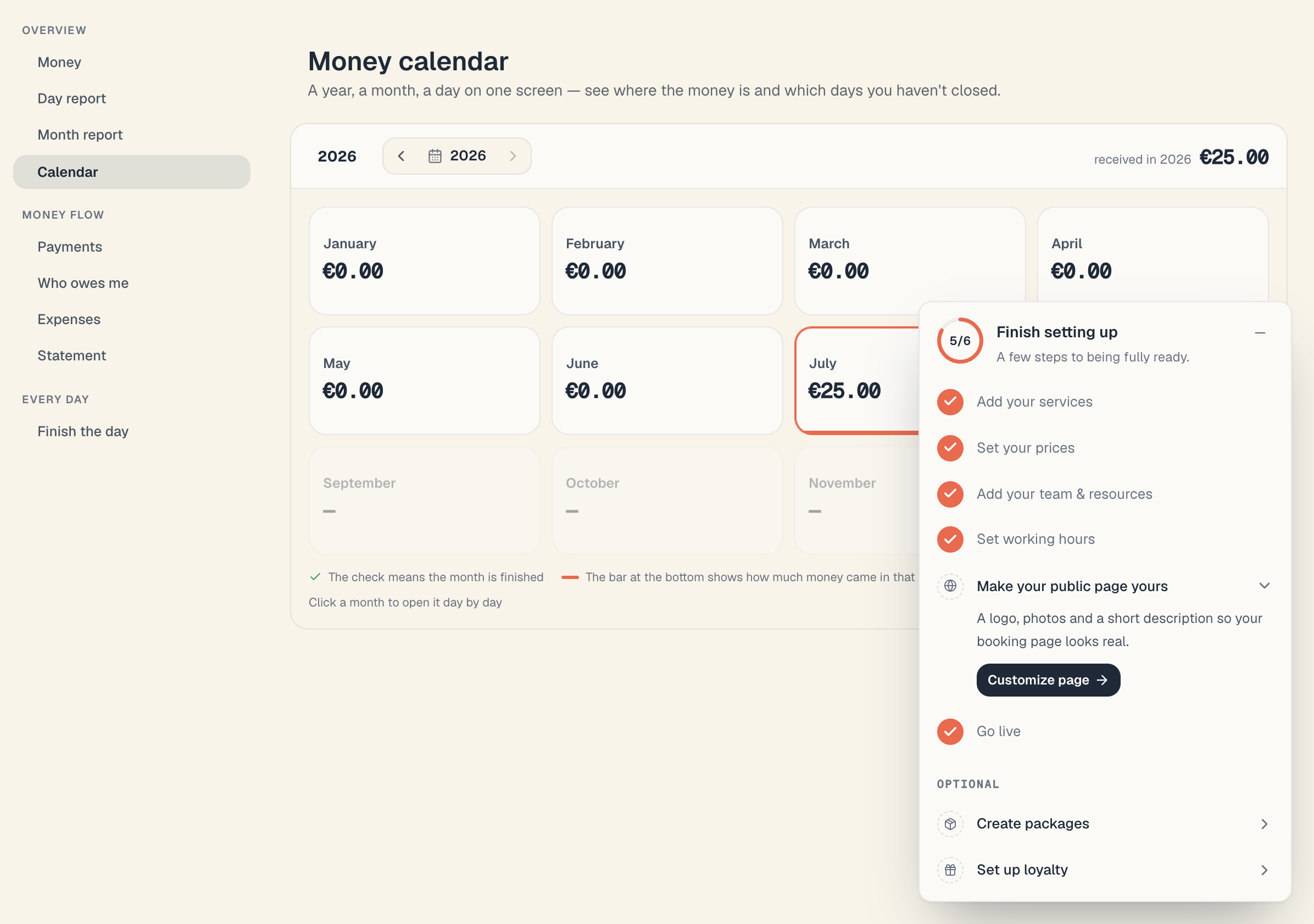 The money calendar at year level: 12 cards, the checks on finished months, and the legend