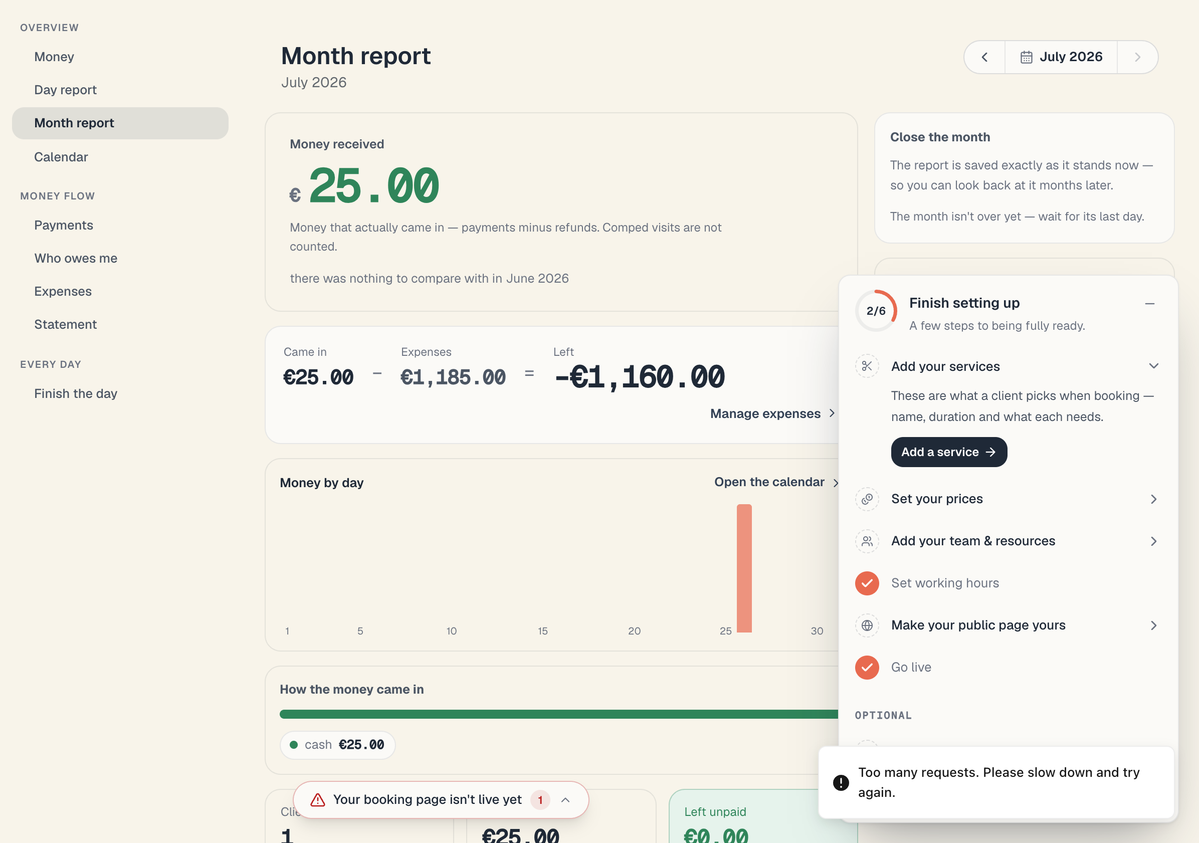 The month report with the "Close the month" rail on the right