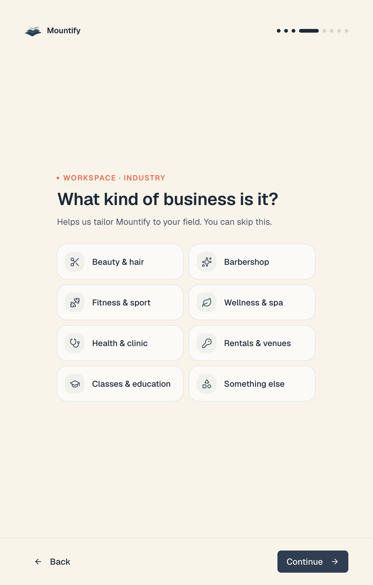The "What kind of business is it?" step with all eight options