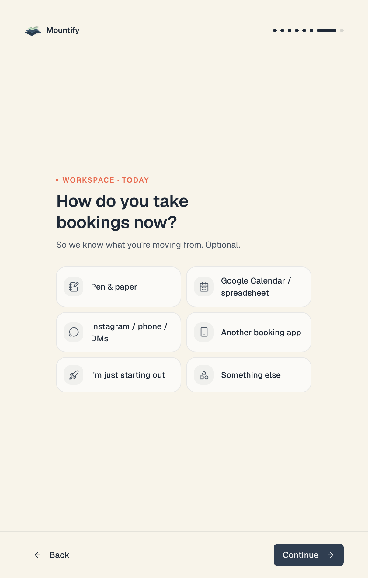 The "How do you take bookings now?" step with all six answers