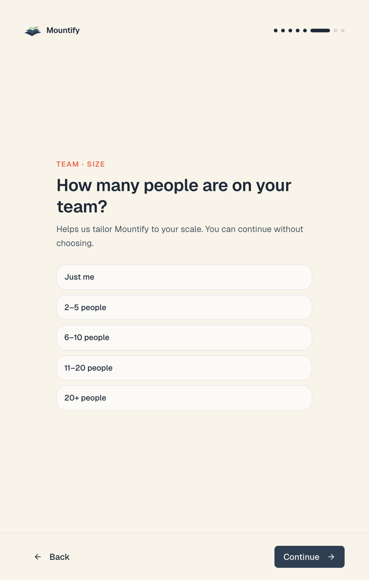 The "How many people are on your team?" step with all five answers