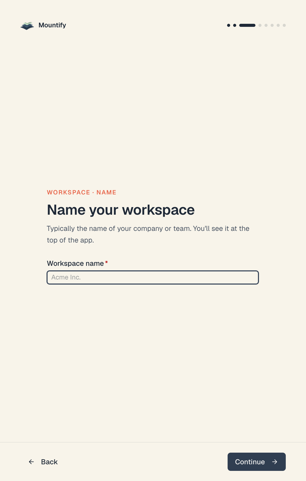 The "Name your workspace" step with the name field