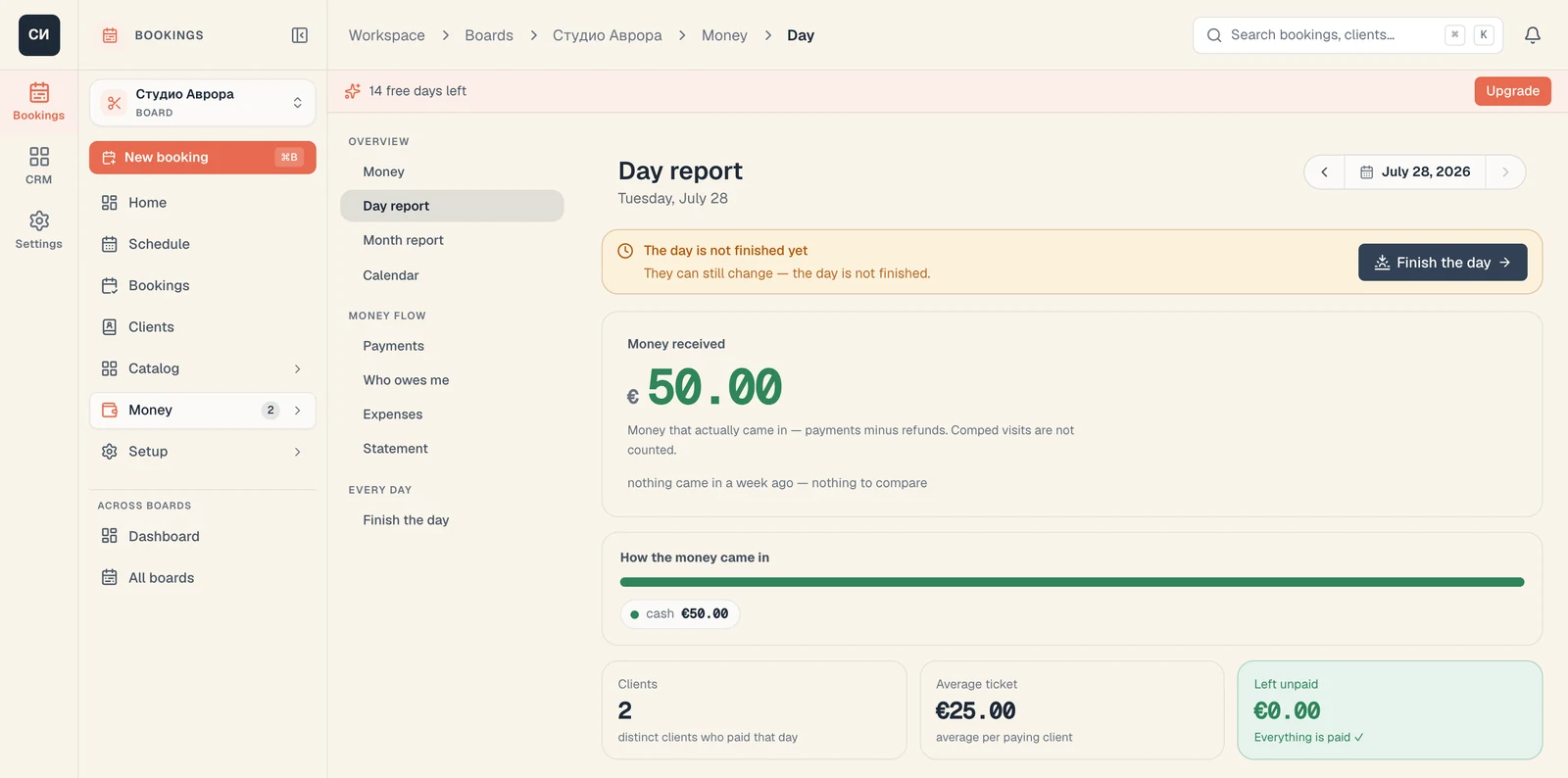 The day report: what came in, how it was paid, and whether anything is still outstanding.